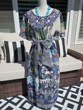 FARM Rio Navy, Cream & Green Floral Belted Maxi Dress With Pockets